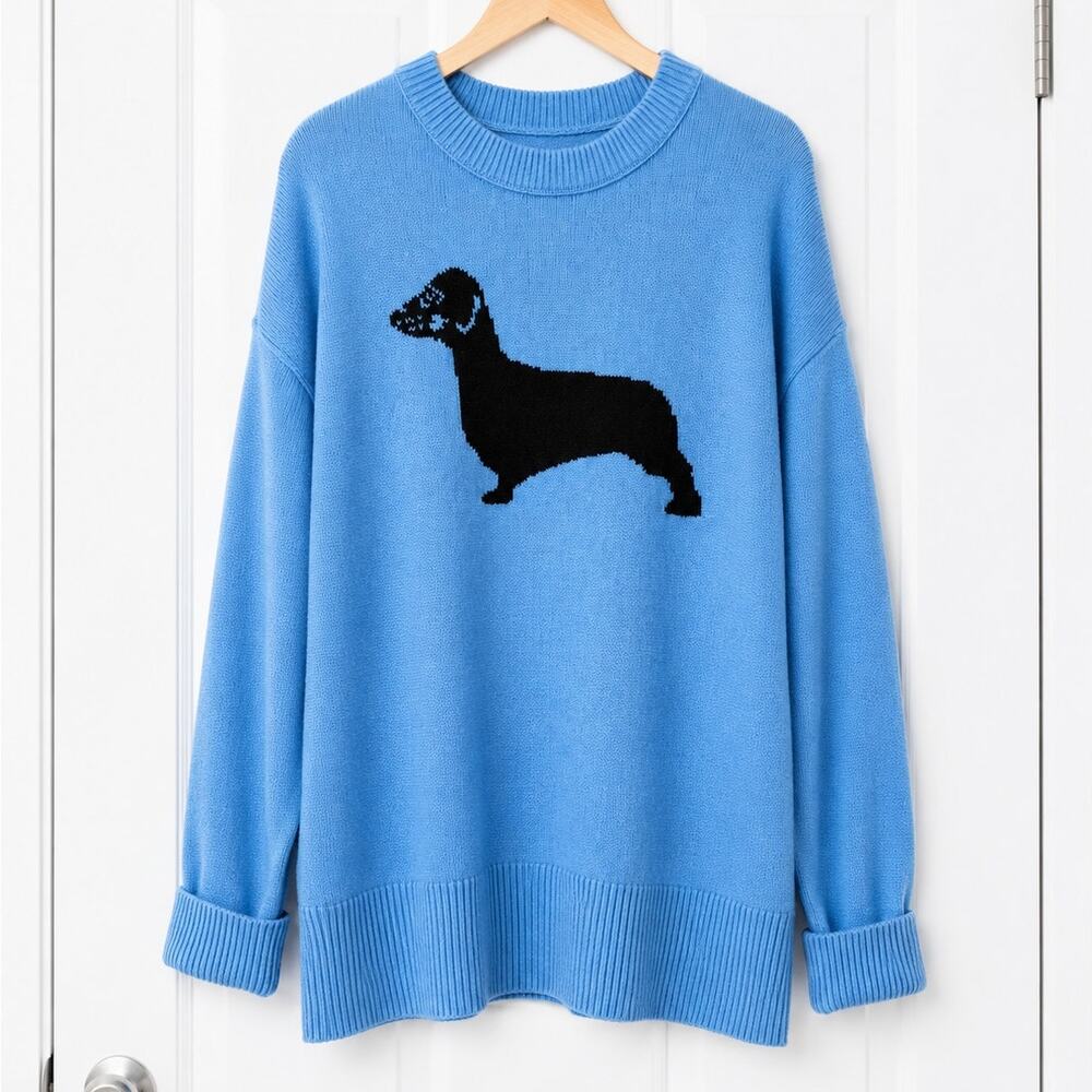 Aerie Oversized Blue Dog Graphic Crewneck Sweater Women’s Medium Cotton Blend